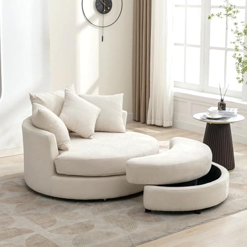 Oversized Grey Swivel Chair with Moon Ottoman & 4 Pillows