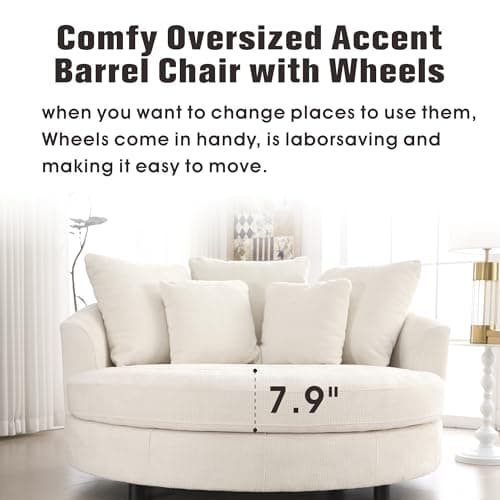 Beige Knitted Chenille Oversized Barrel Chair with Wheels & 5 Pillows