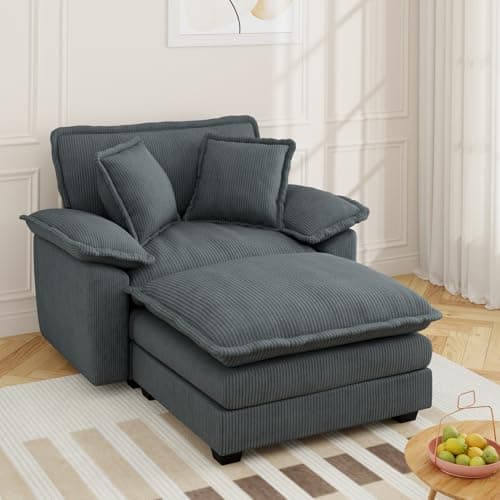 Comfy Grey Corduroy Chaise Lounge Chair with Ottoman