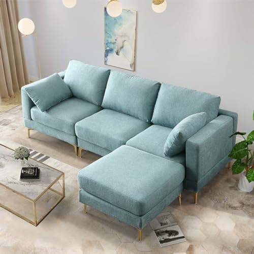 JEEOHEY Gold Metal Legs 3 Seat Oversized L-Shaped Sectional Sofa, Beige
