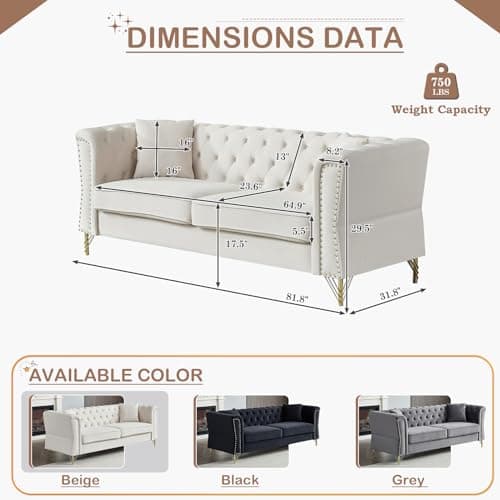 Velvet Chesterfield 3 Seater Sofa and Comfy Couch Set for Living Room, Bedroom, Office, Apartment