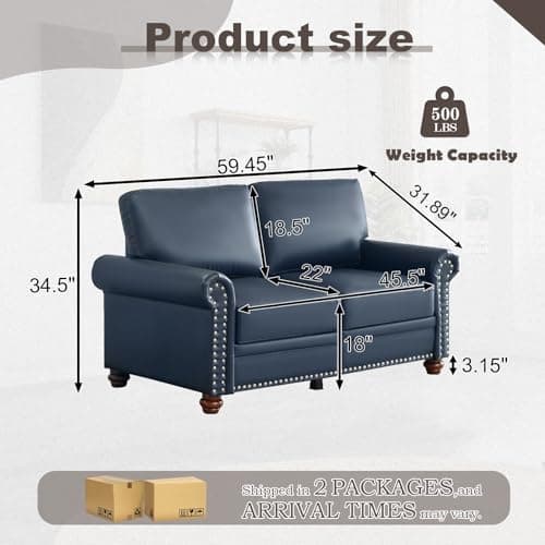 Mid Century Modern Faux Leather Loveseat with Storage, Comfy 2 Seater Couch for Living Room, Office (Navy Blue)