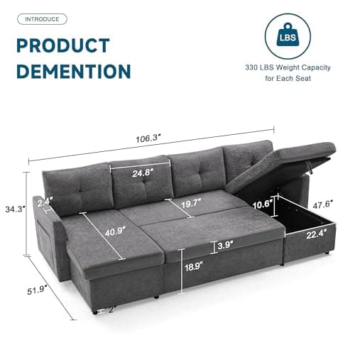 Dark Grey 110" 2-in-1 Pullout Couch Bed with Storage Chaise