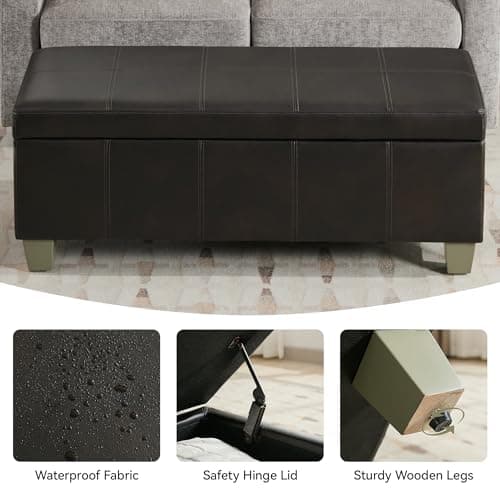 Black Brown Faux Leather Storage Ottoman with Wooden Legs