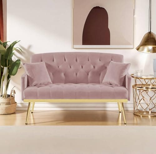 Beige Velvet Loveseat with Gold Legs, 55-inch Tufted Backrest Living Room Couch