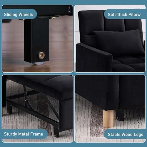 3 in 1 Convertible Sleeper Sofa, Black with Adjustable Backrest
