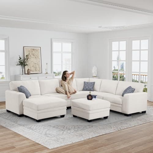 Legend Vansen U-Shaped Corduroy Sectional with Ottoman for Living Room (Cream, U-8)