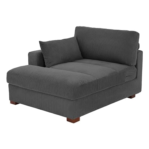 Gray Oversized Corduroy Chaise Lounge with Right Armrest & Cushy Recliner Couch - Solid Wood Solid Cover