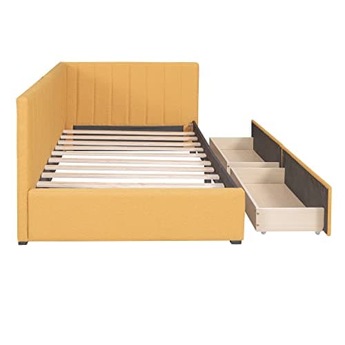Upholstered Daybed with Storage Drawers and Wood Slats, Linen Fabric Sofa Bed Frame - Twin Size (Yellow)
