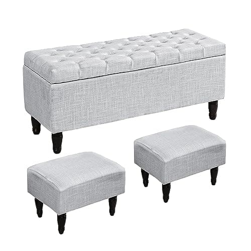 Off White Bedroom Bench with 2 Ottoman Footrests and Storage