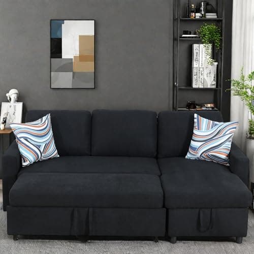 L-Shaped Convertible Sofa Bed with Storage, Black