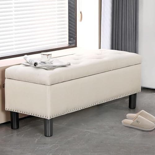 Furnimart 42.5 Inch Tufted Linen Ottoman Bench, Flip Top Storage for Bedroom