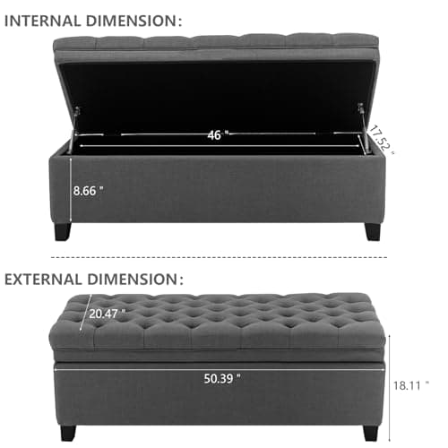 Dark Grey 50 Inch Storage Ottoman with Tufted Bench and Wood Legs