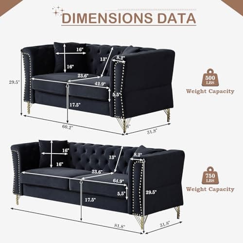 Velvet Chesterfield Sofa Set for Living Room, Bedroom, Office, Apartment - 2 Pieces