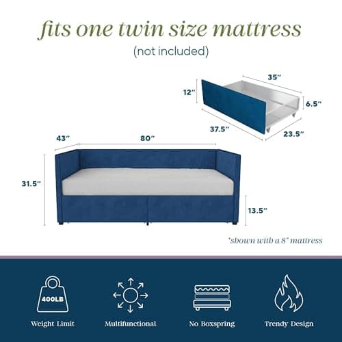 Novogratz Arliss Modern Glam Tuxedo Daybed with Storage, Twin, Blue Velvet