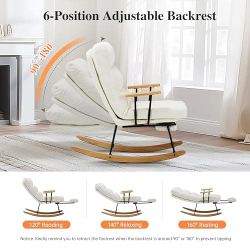 Retractable Footrest Rocking Chair, Teddy Upholstered, Beige, Modern Living Room Chair