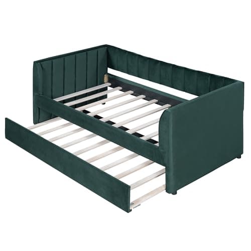Merax Velvet Daybed with Backrest and Armrests, Green, Twin with Trundle