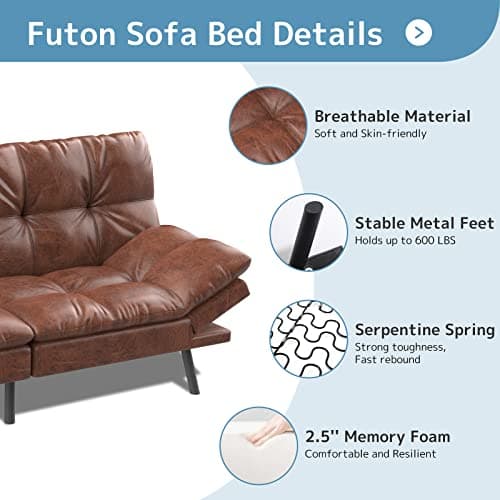 Wood-it Memory Foam Foldable Sofa Bed with Adjustable Armrests, Brown