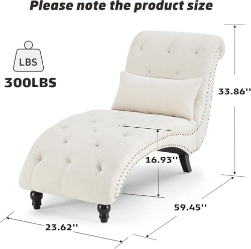Tufted Beige Linen Rivets Chaise Lounge Chair for Living Room and Bedroom