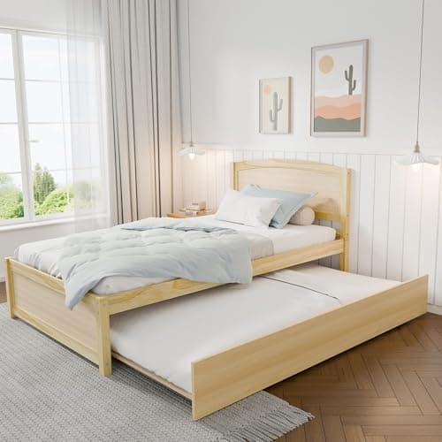 Natural Solid Wood Twin Pull Out Daybed with Trundle and Slat Support