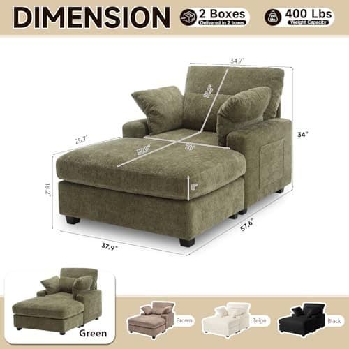 Oversized Chenille Chaise Lounge Chair with Ottoman (57.6", Green)