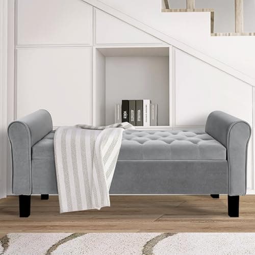 TY ARTS & CULTURE Large Gray Velvet Storage Bench for Bedroom & Entryway