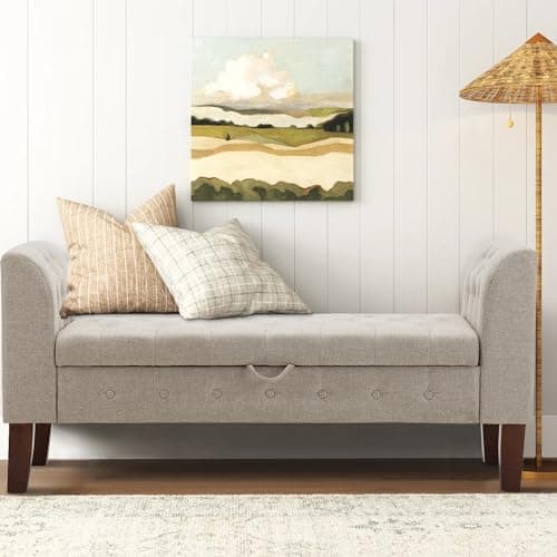Khaki Upholstered Storage Bench with Arms for Bedroom and Living Room