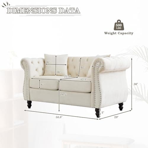 JEEOHEY Chesterfield Button Tufted Velvet 2 Seater Sofa, Mid Century Modern Beige