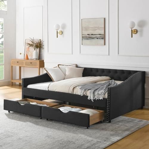 Beige Wood Full Size Daybed with Storage, Upholstered Nailhead Design, No Box Spring Needed