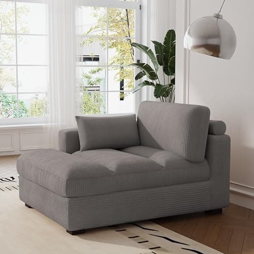 Gray Oversized Corduroy Chaise Lounge with Right Armrest & Cushy Recliner Couch - Solid Wood Solid Cover