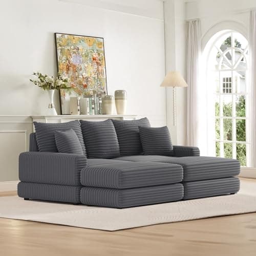 Oversized Chaise Lounge Chair Indoor with Ottoman, Corduroy Upholstered Comfy Sofa for Living Room, Bedroom, Office (Black)