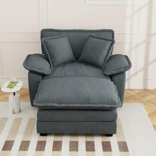 Comfy Grey Corduroy Chaise Lounge Chair with Ottoman