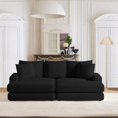 Oversized Chaise Lounge Chair Indoor with Ottoman, Corduroy Upholstered Comfy Sofa for Living Room, Bedroom, Office (Black)