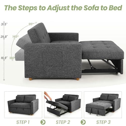 SEJOV 3-in-1 Convertible Sleeper Sofa, Linen Fabric with Adjustable Backrest, Black