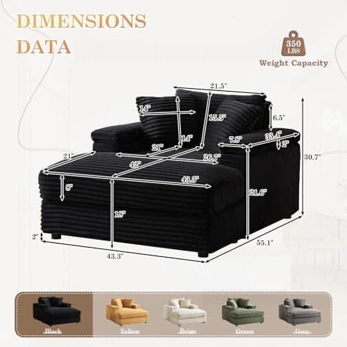 Modern Oversized Chaise Lounge Chair with Ottoman, Corduroy Upholstered, Black (1 Seater)