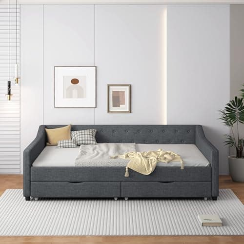 Upholstered Daybed with Drawers, Wood Frame Sofa Bed, Button Tufted Backrest, Linen Fabric, Dark Gray