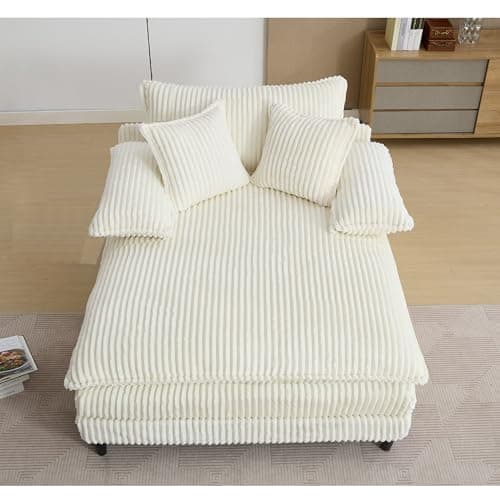 Eafurn Corduroy Upholstered Chaise Lounge Sofa with Ottoman & Cupholders