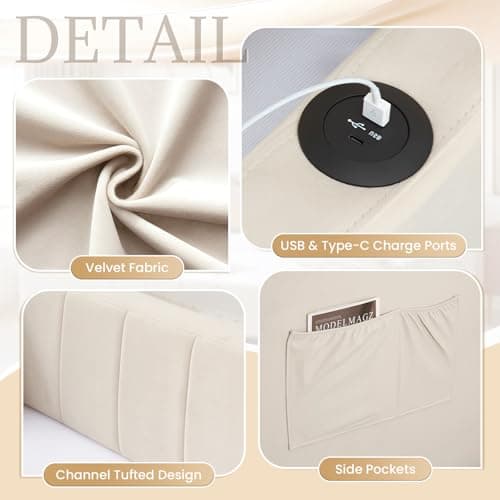 Beige Velvet Tufted Twin to King Size Daybed with Pop Up Trundle & USB Port