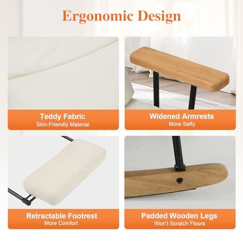 Retractable Footrest Rocking Chair, Teddy Upholstered, Beige, Modern Living Room Chair