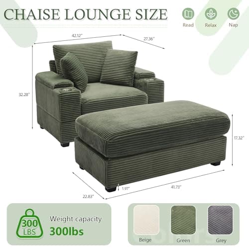 Oversized Green Corduroy Chaise Lounge with Storage & Ottoman, Reclining Sofa Bed