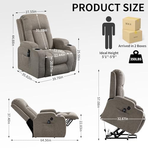 Elderly Electric Recliner with Heat, Massage, Standing Assist, 2 Cup Holders, USB Charge