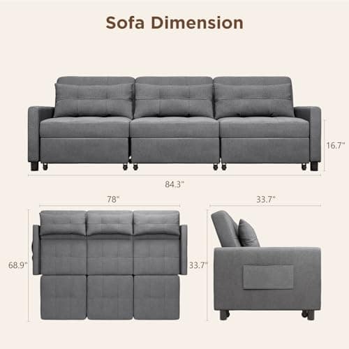 Aiho 84 Inch Pull Out Couch withAdjustable Backrest & Ottoman, Dark Grey