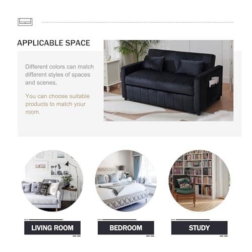 Black 55.51" 3-in-1 Futon Sofa Bed with Pullout Bed & Adjustable Backrest