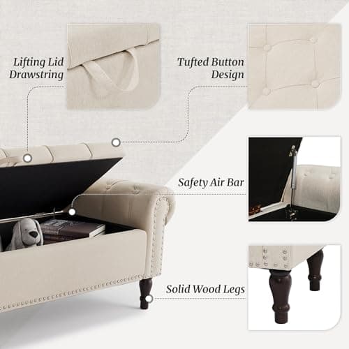 Linen Button Tufted King Ottoman for Bed End, Window Seat with Nailhead Trim