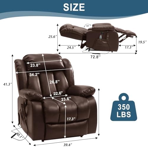 Genuine Leather Dual Motor Lift Recliner Chair with Heat & Massage (Brown)
