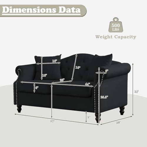 57 Button Tufted Velvet Loveseat Sofa in Black for Living Room, Bedroom, Office, Apartment