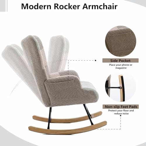 Macaroon Upholstered Teddy Fabric Rocking Chair with High Backrest for Nursery & Living Room