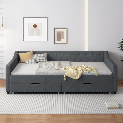 Full Size Upholstered Day Bed with Drawers & Tufted Back, Dark Grey