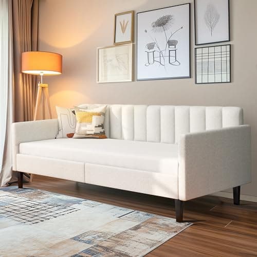 LifeSky Twin Velvet Tufted Daybed - Beige Upholstered Frame for Living Room