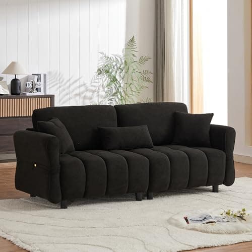 Black 3-Seater Mid Century Chenille Couch with Tufted Design & 3 Pillows